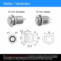 Taster oder Schalter 12V mit LED Beleuchtung  in 5 Farben & 2 Größen zum auswählbar