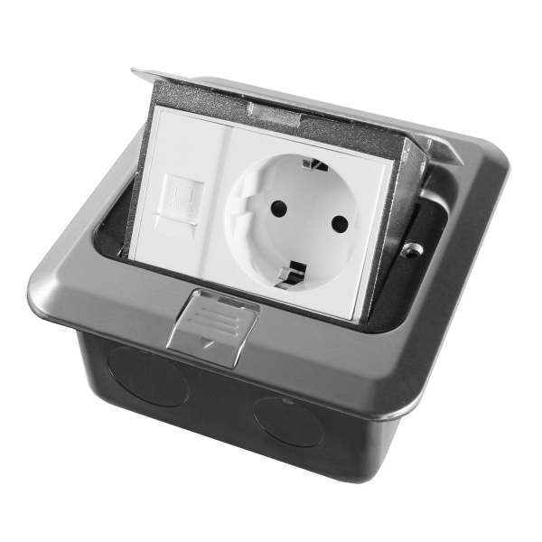 Einbausteckdose Tischsteckdose Modell D USB 230V Aluminium - 1x Schuko + RJ45 Netzwerk